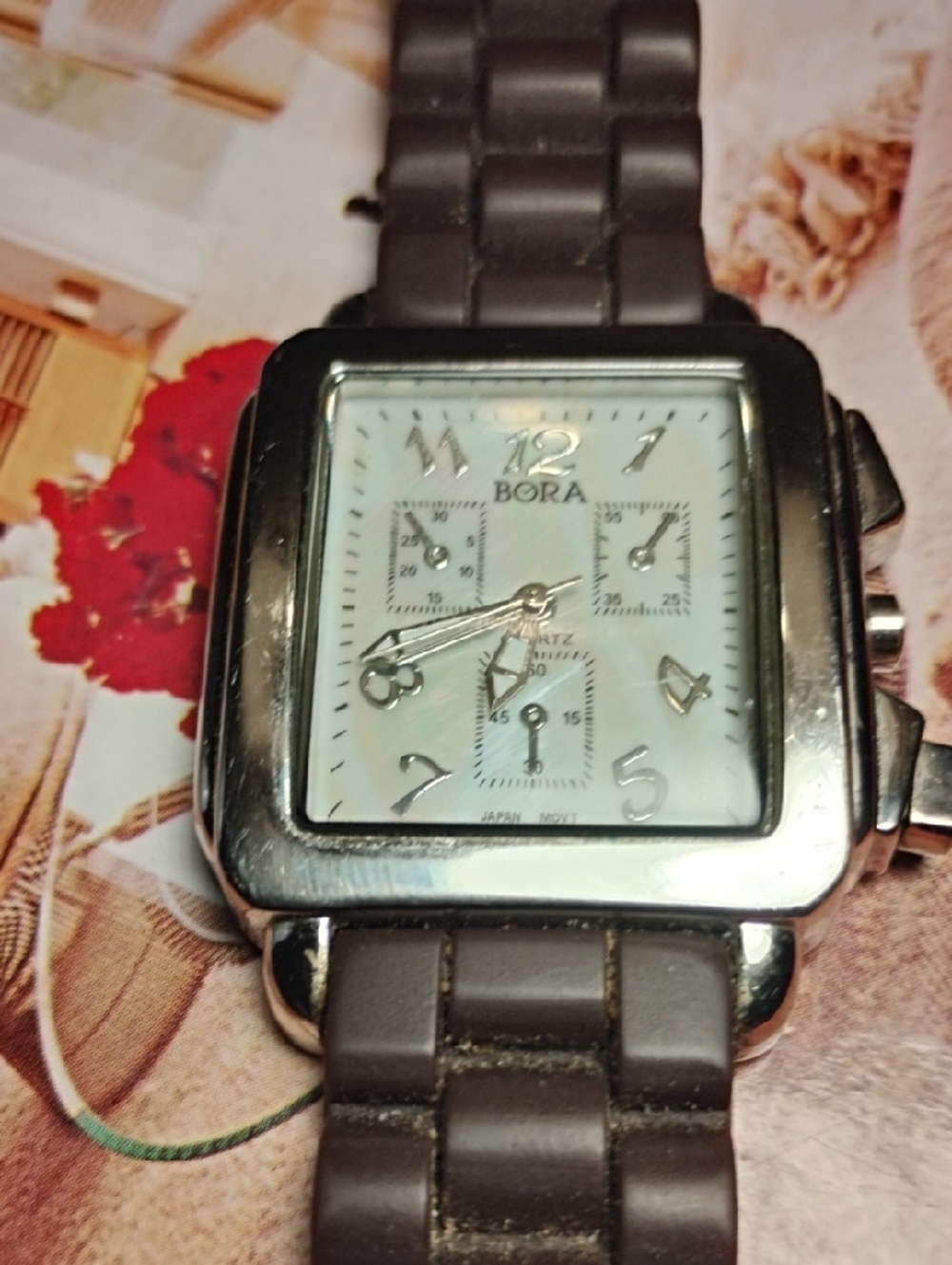 BORA Silver-Tone Square Watch with Brown Silicone Band
